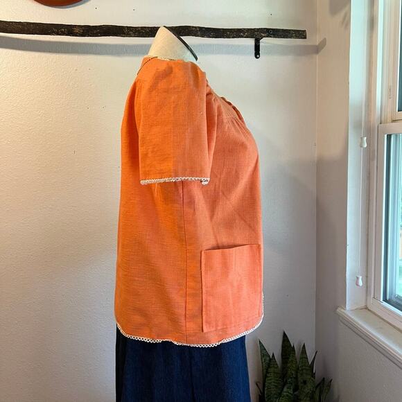 Handmade Orange Textured Two Bow Tie Puffed Short Sleeve Blouse Size Medium - Picture 6 of 11